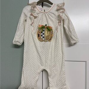 Bonnie Baby White Romper with Gold Polka Dots